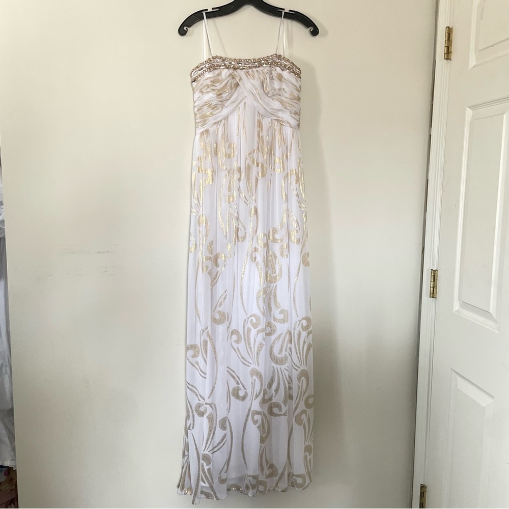 Ethereal Grecian Strapless Maxi Dress Womens 12 White Gold Beaded Formal Gown